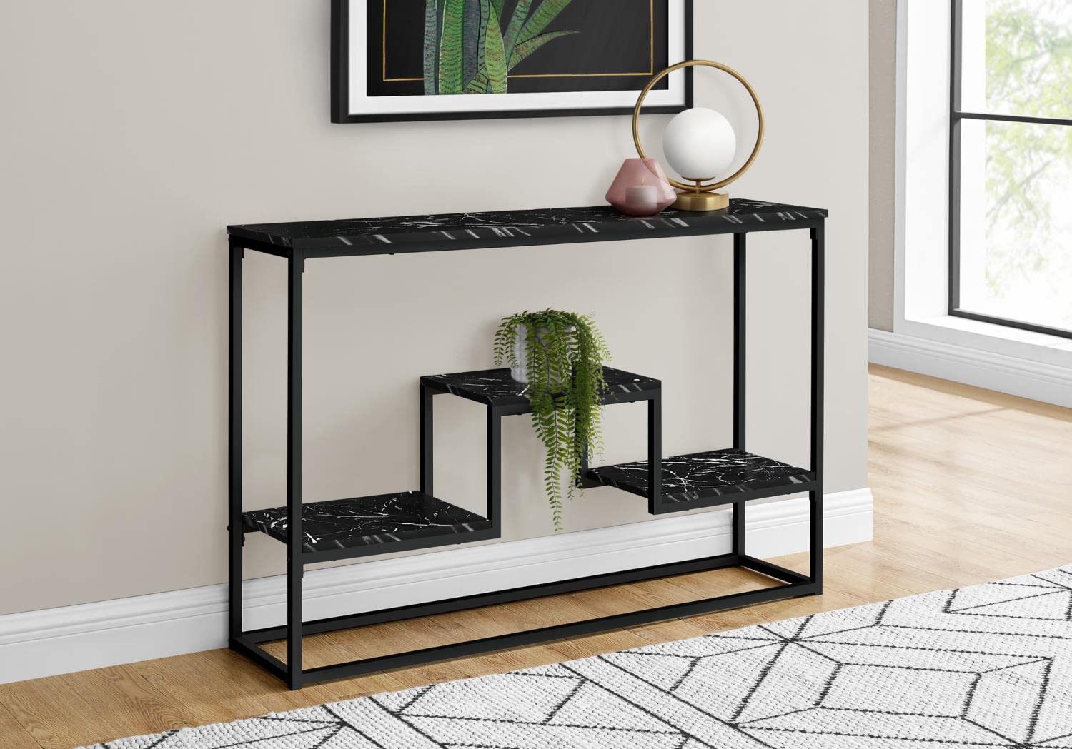Monarch Specialties 3579 Accent Table, Console, Entryway, Narrow, Sofa, Living Room, Bedroom, Laminate, Contemporary, Modern Table-48, 48" L x 12" W x 31.75" H, Black Marble-Look/Black Metal